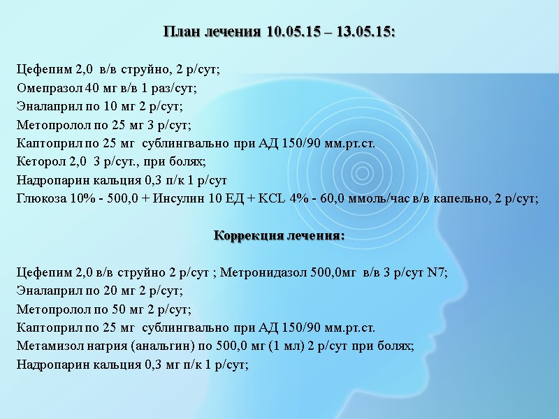 План лечения 10.05.15 – 13.05.15:  Цефепим 2,0  в/в струйно, 2 р/сут; Омепразол
